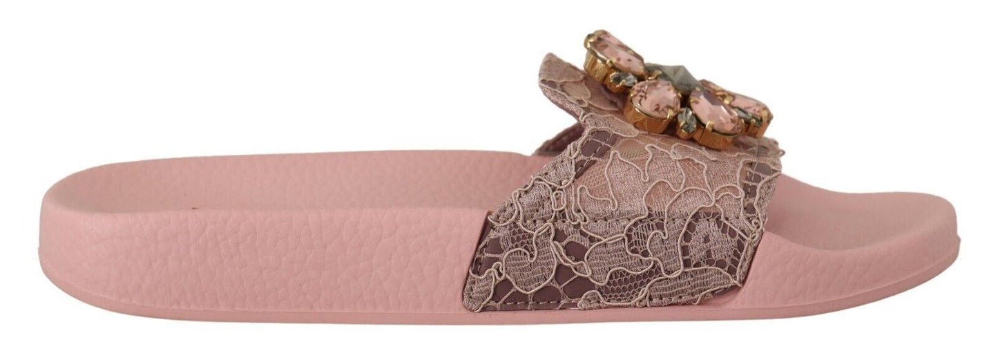 Dolce & Gabbana Pink Lace Crystal Sandals Slides Beach Shoes