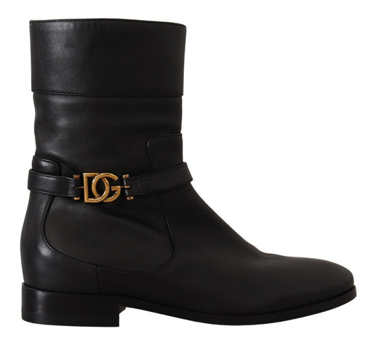 Dolce & Gabbana Black Leather Flats Logo Short Boots Shoes