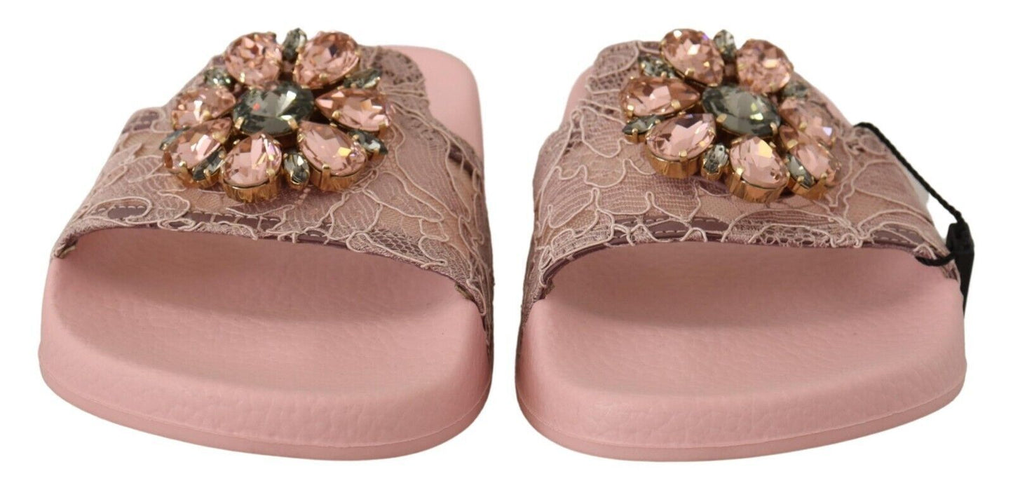 Dolce & Gabbana Pink Lace Crystal Sandals Slides Beach Shoes