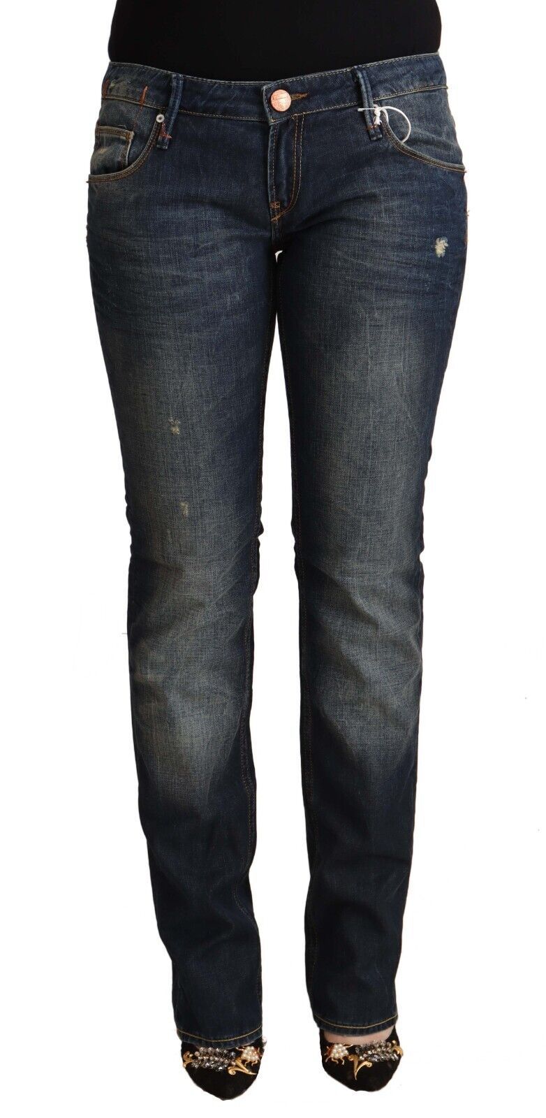 Acht Blue Washed Cotton Low Waist Skinny Denim Jeans