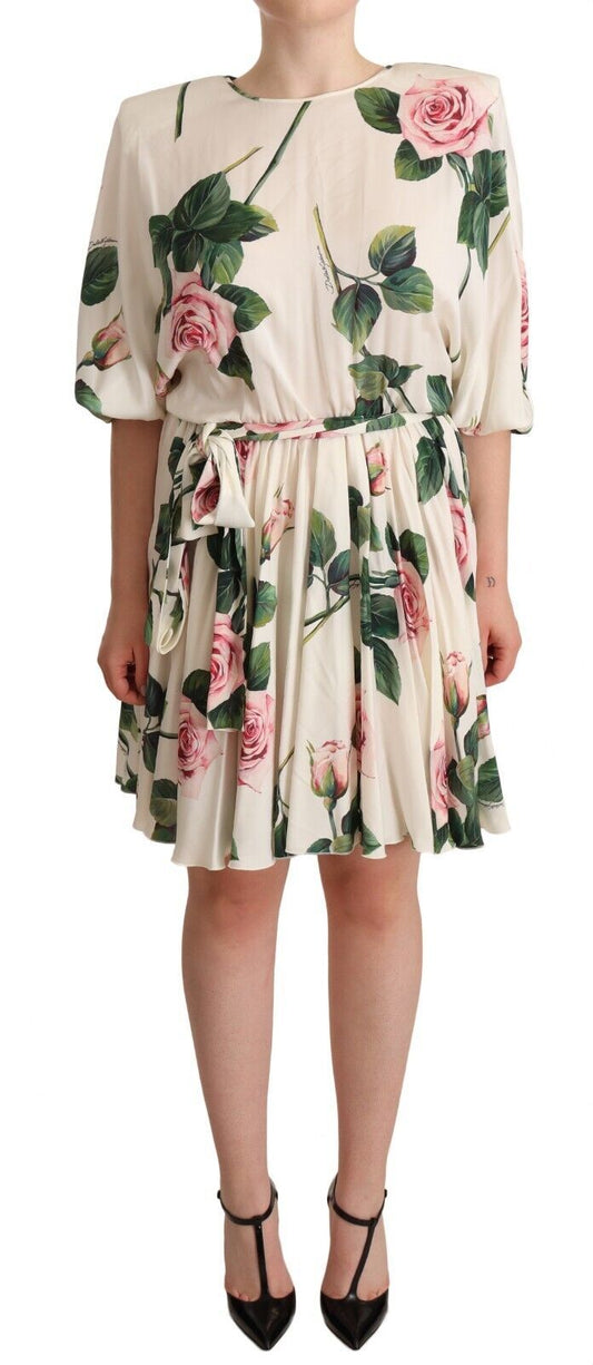 Dolce & Gabbana White Rose Print Stretch Silk Pleated Dress