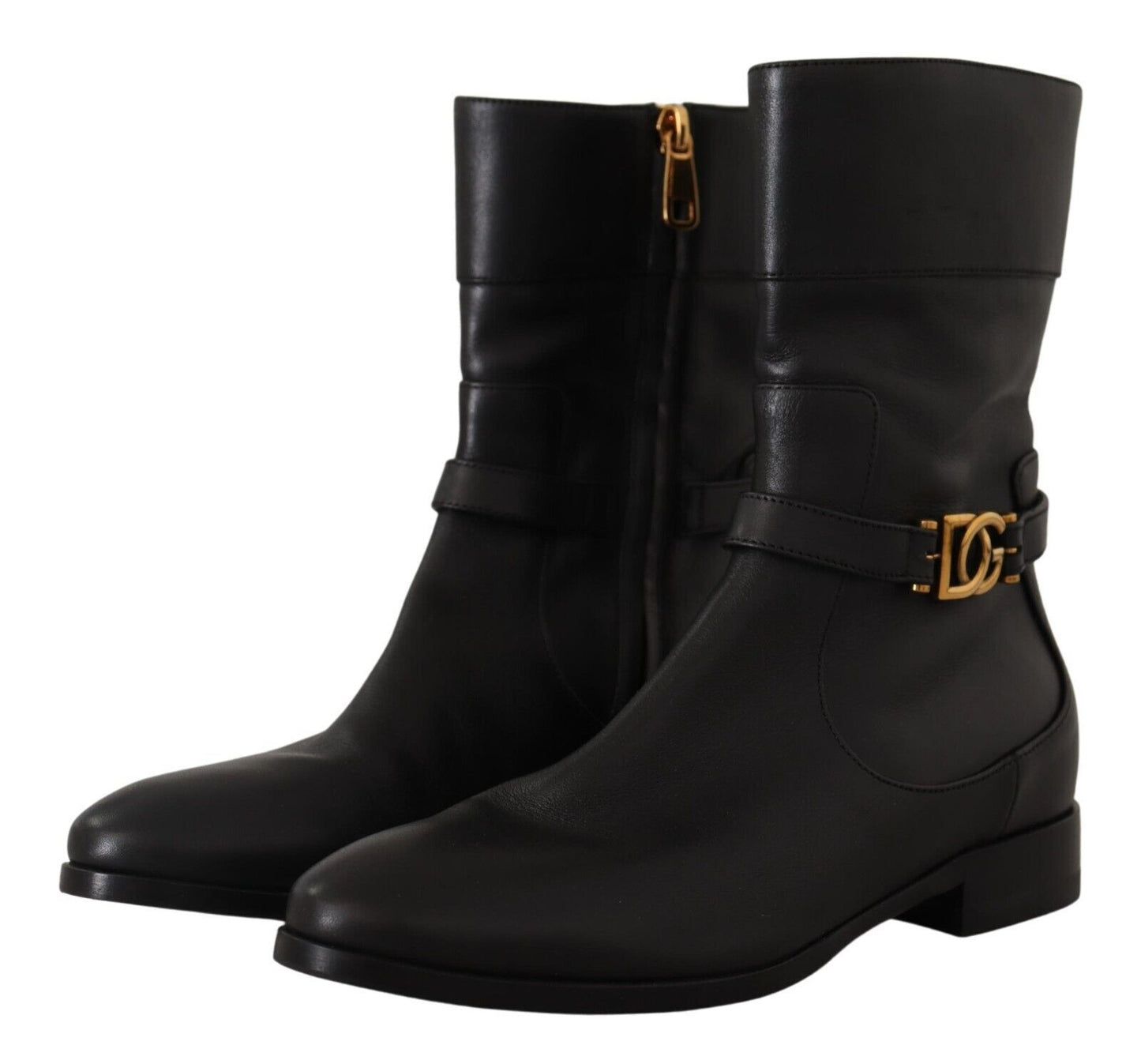 Dolce & Gabbana Black Leather Flats Logo Short Boots Shoes