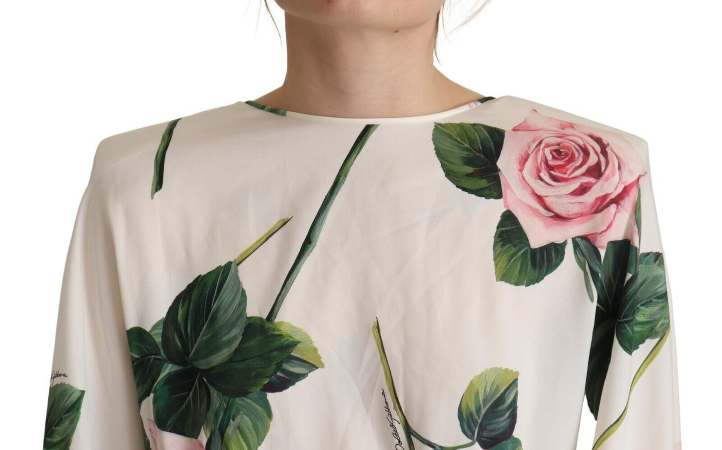 Dolce & Gabbana White Rose Print Long Sleeves A-line Dress