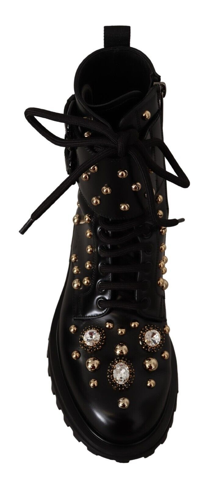 Dolce & Gabbana Black Leather Crystal Embellished Boots Shoes