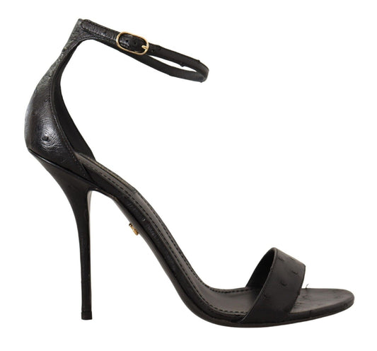 Dolce & Gabbana Black Ostrich Ankle Strap Heels Sandals Shoes