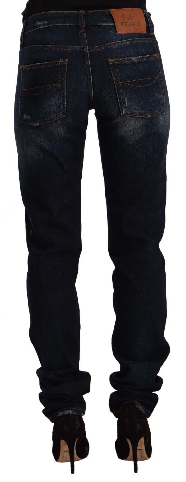 GF Ferre Dark Blue Washed Mid Waist Cotton Denim Skinny Jeans