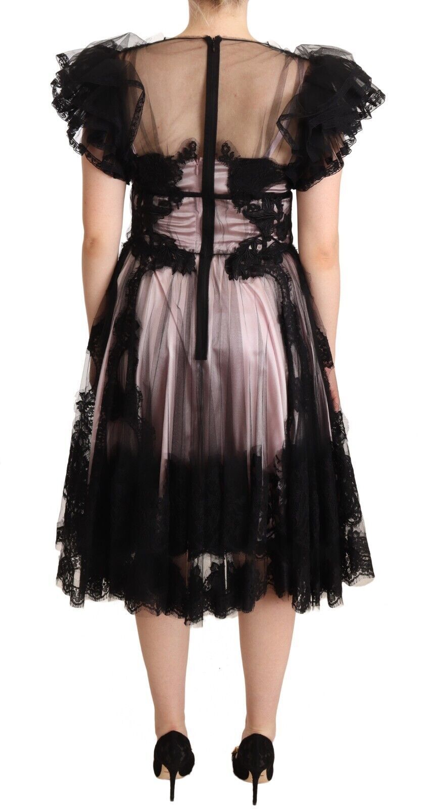 Dolce & Gabbana Black Pink Floral Lace A-line Midi Sheer Dress