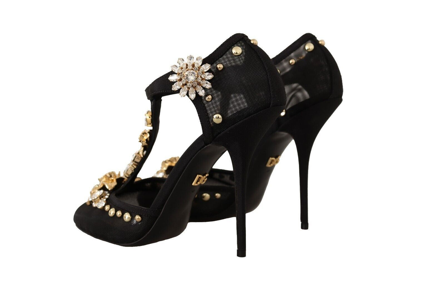 Dolce & Gabbana Black Mesh Crystals T-strap Heels Pumps Shoes