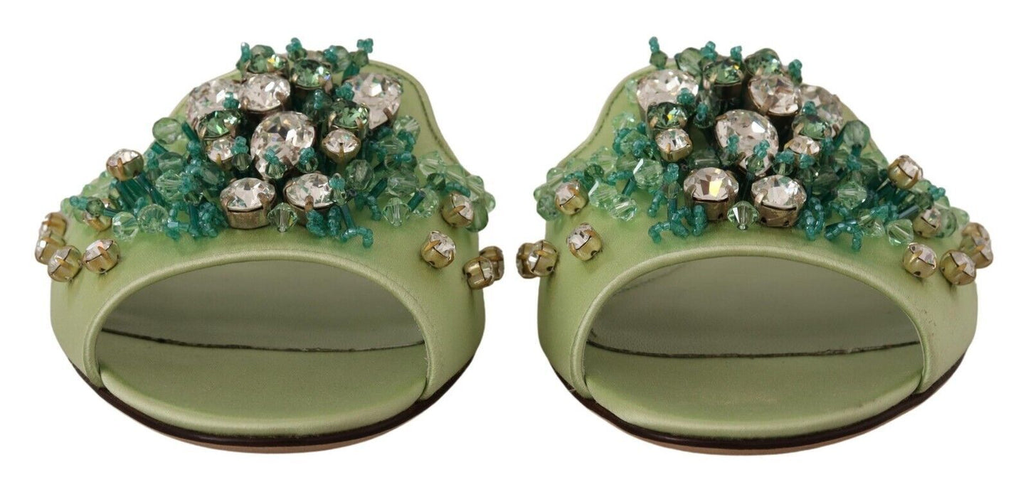 Dolce & Gabbana Green Leather Crystals Slides Women Flats Shoes