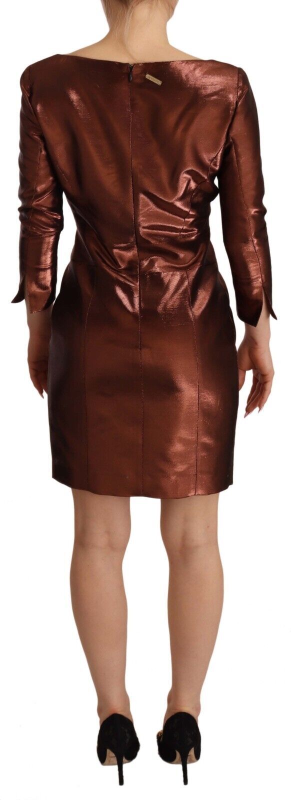 GF Ferre Metallic Brown Long Sleeves Square Neck Sheath Dress