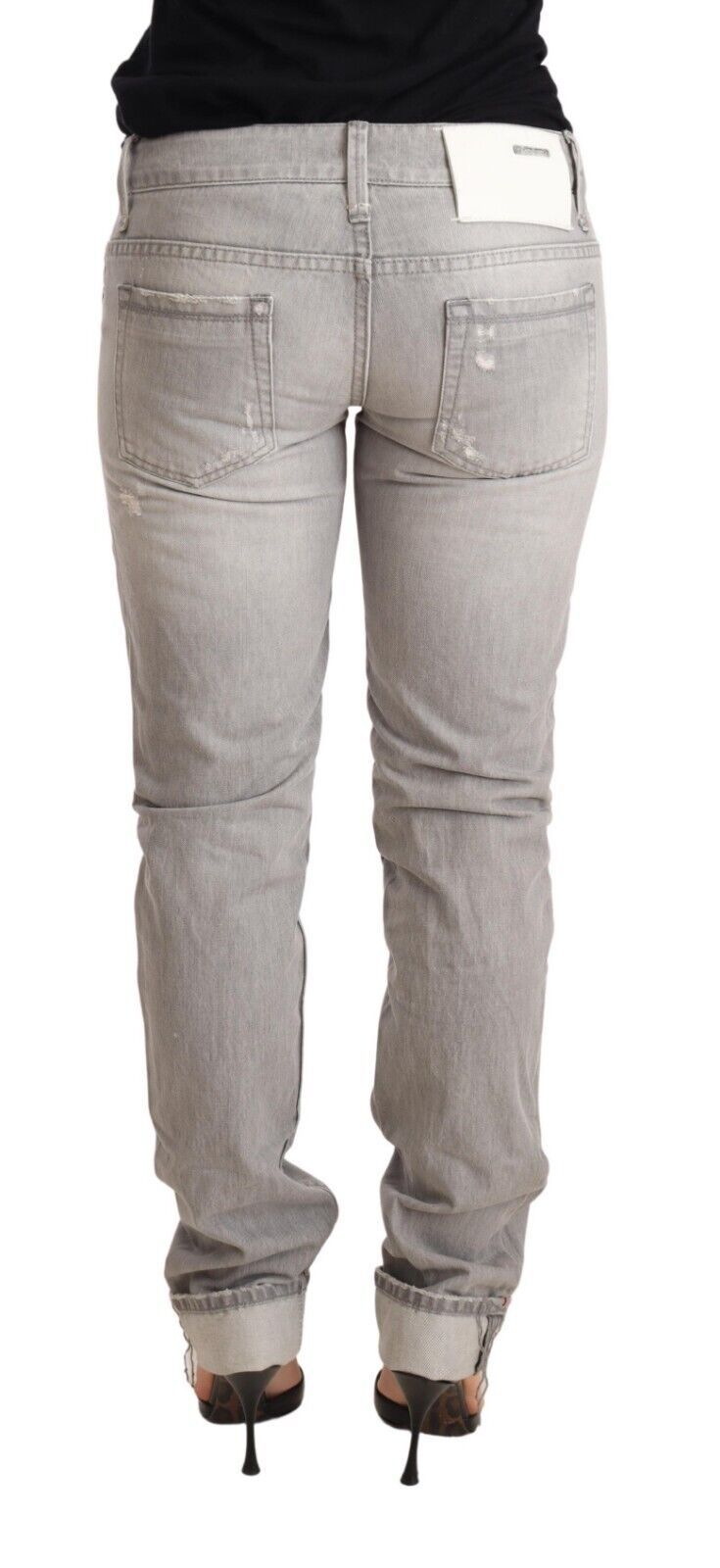 Acht Gray Tattered Cotton Slim Fit Folded Hem Women Denim Jeans