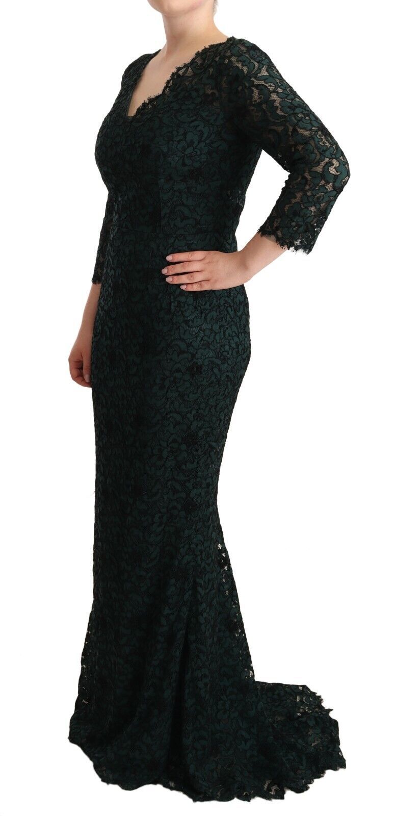 Dolce & Gabbana Green Floral Lace Maxi Floor Length Dress