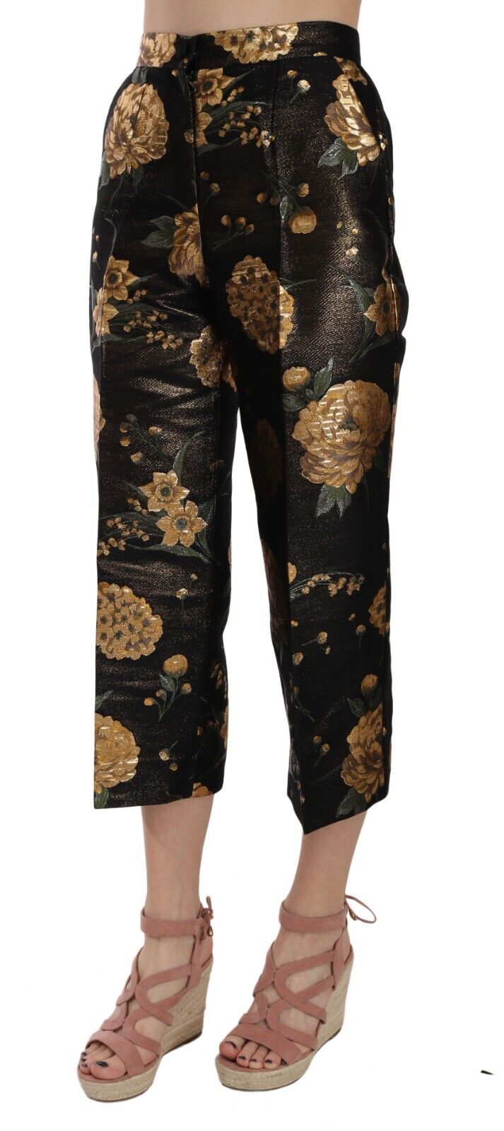 Dolce & Gabbana Black Gold Floral Jacquard Cropped Pants