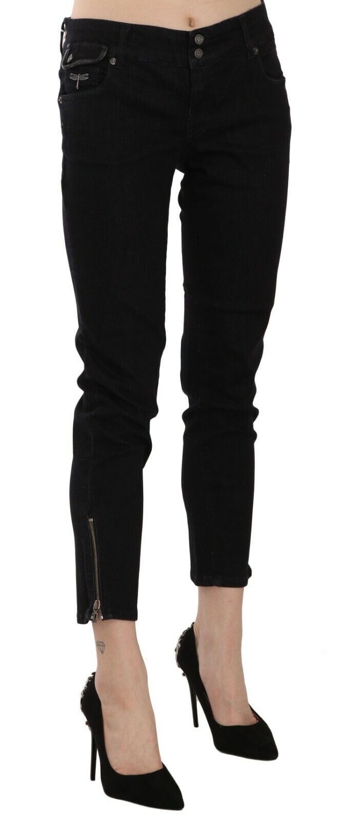 John Galliano Black Mid Waist Cropped Cut Hem Denim Casual Pants