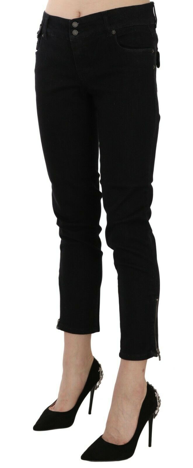 John Galliano Black Mid Waist Cropped Cut Hem Denim Casual Pants