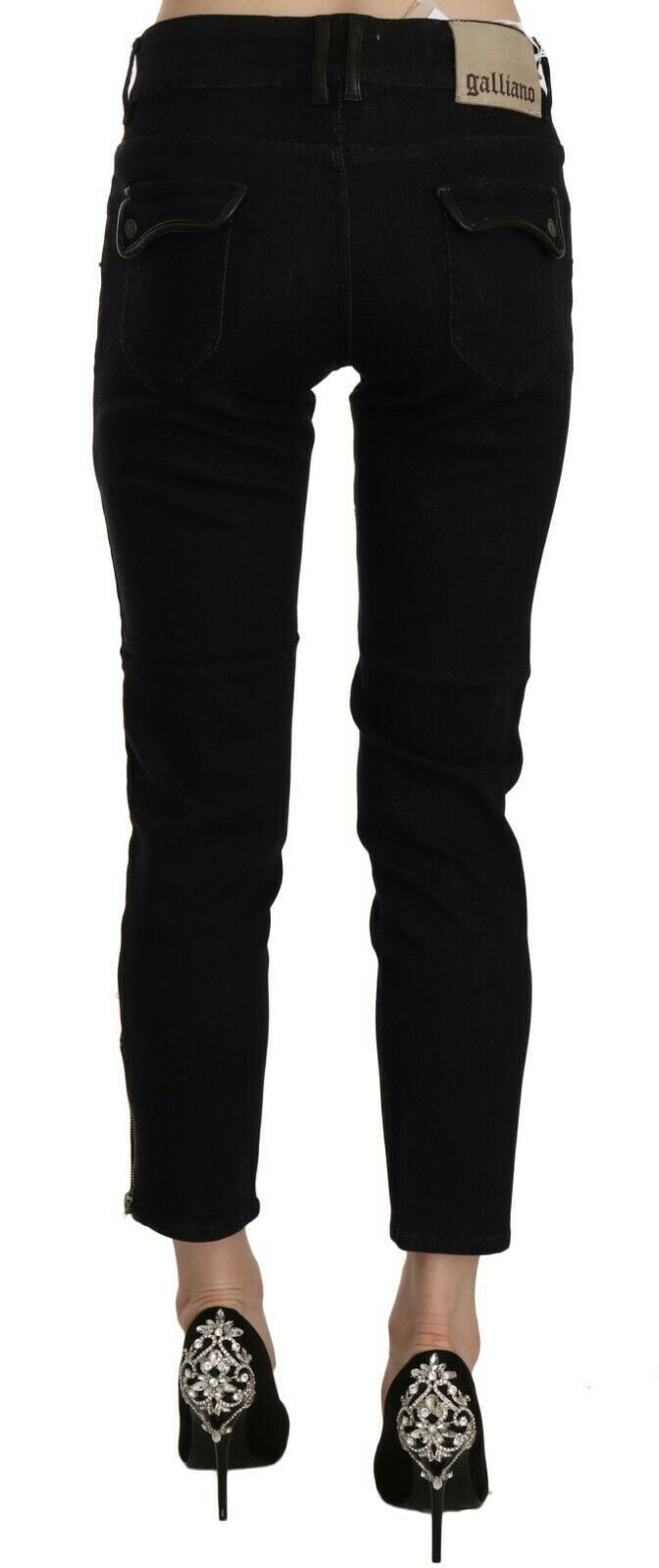 John Galliano Black Mid Waist Cropped Cut Hem Denim Casual Pants