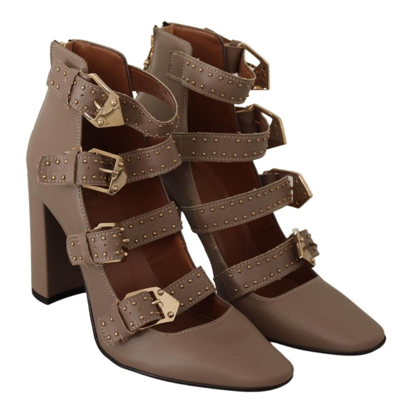 MY TWIN Brown Leather Block Heels Multi Buckle Pumps Shoes