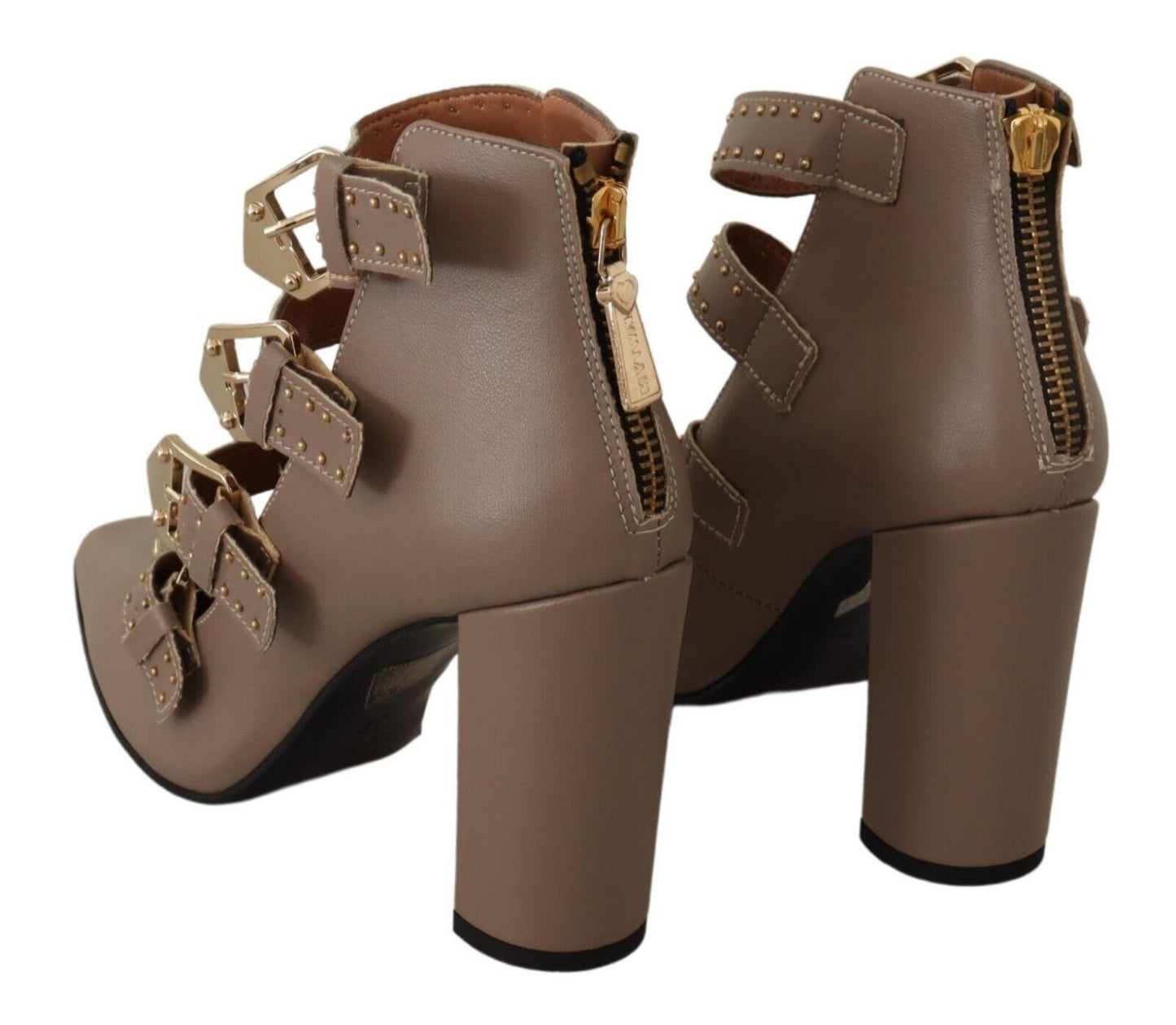 MY TWIN Brown Leather Block Heels Multi Buckle Pumps Shoes