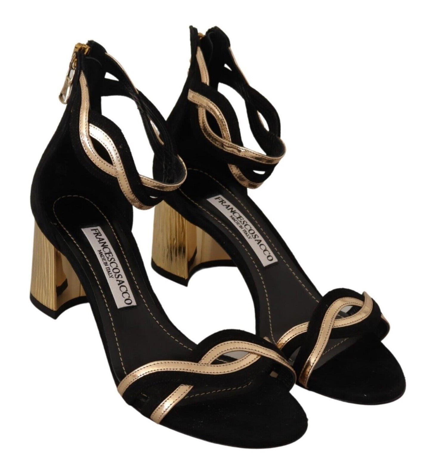 FRANCESCO SACCO Black Gold Leather Suede Ankle Strap Heels Shoes