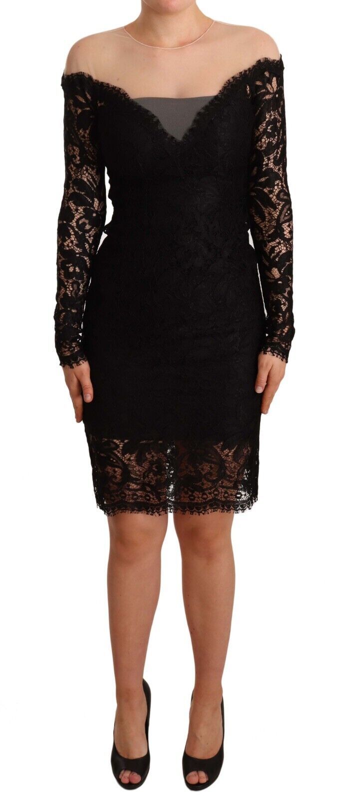 Dolce & Gabbana Black Lace Long Sleeves Knee Length Dress