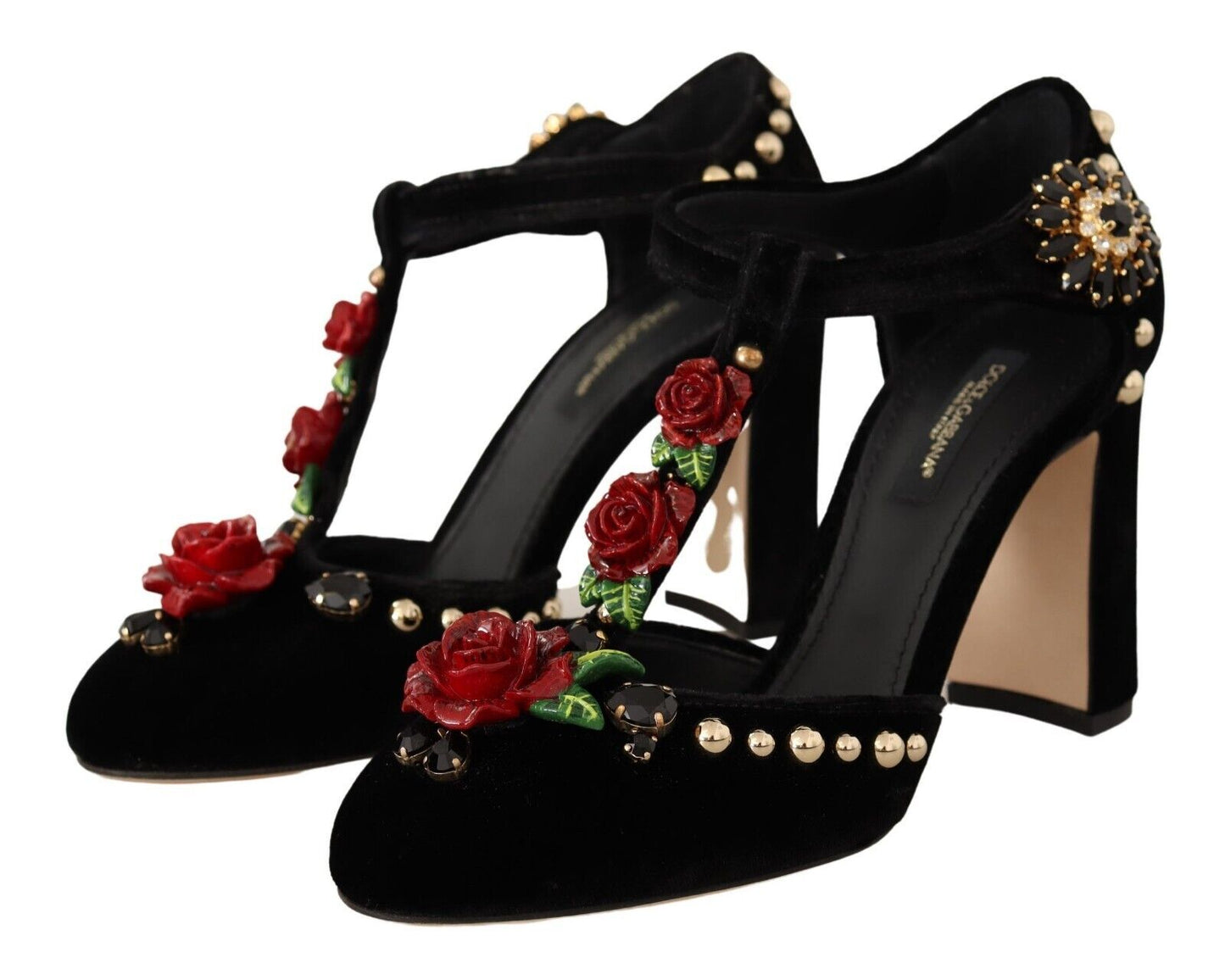 Dolce & Gabbana Black Mary Jane Pumps Roses Crystals Shoes