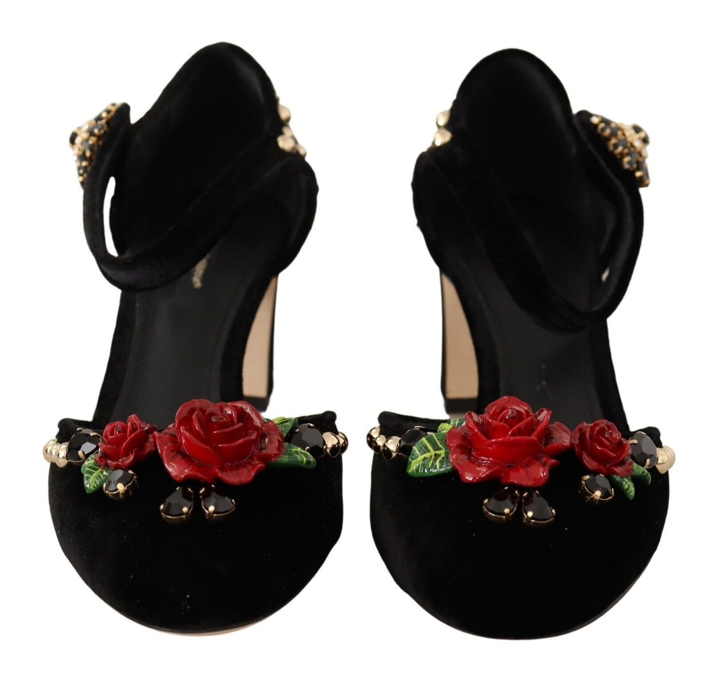 Dolce & Gabbana Black Velvet Roses Ankle Strap Pumps Shoes