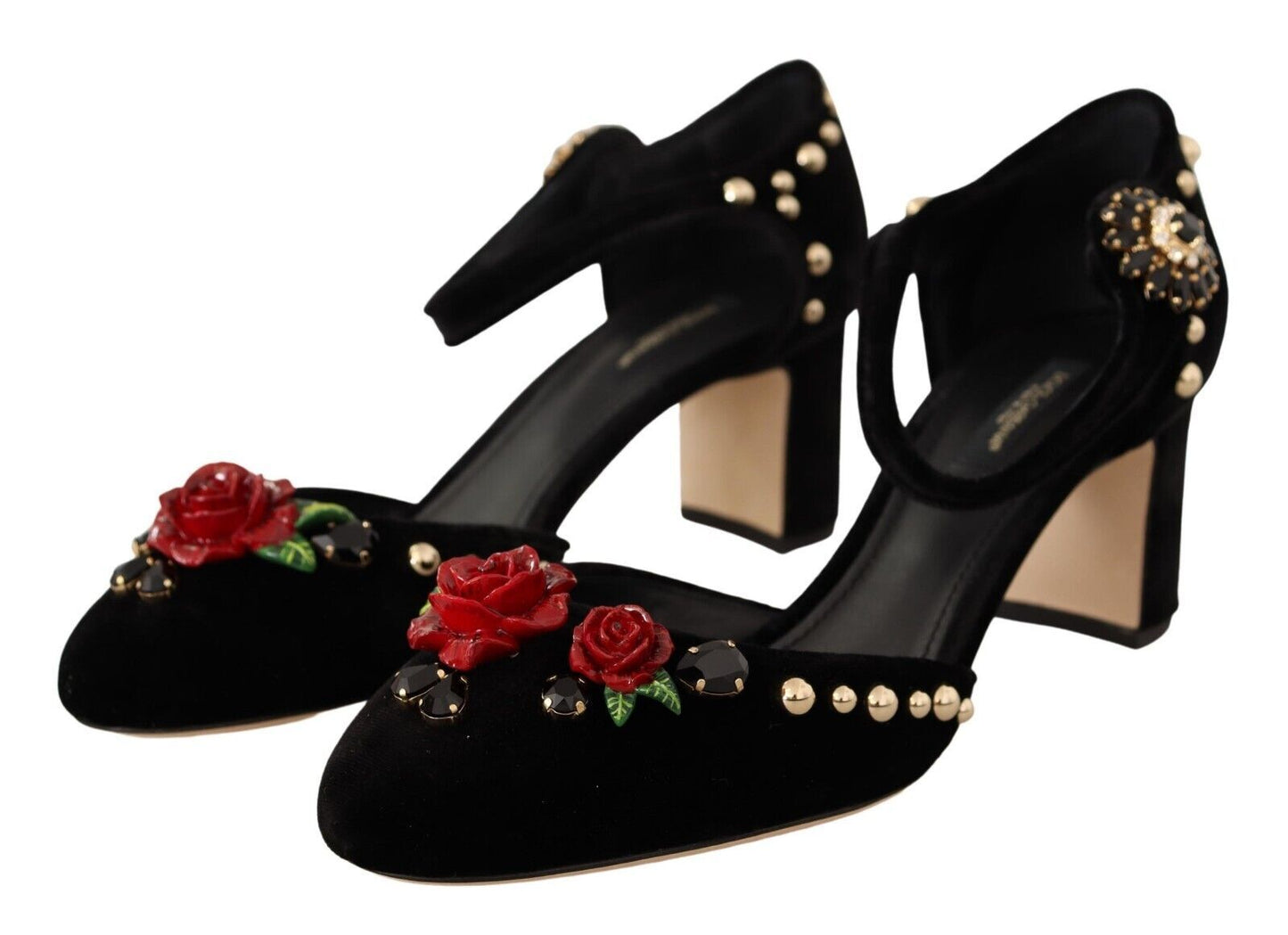 Dolce & Gabbana Black Velvet Roses Ankle Strap Pumps Shoes