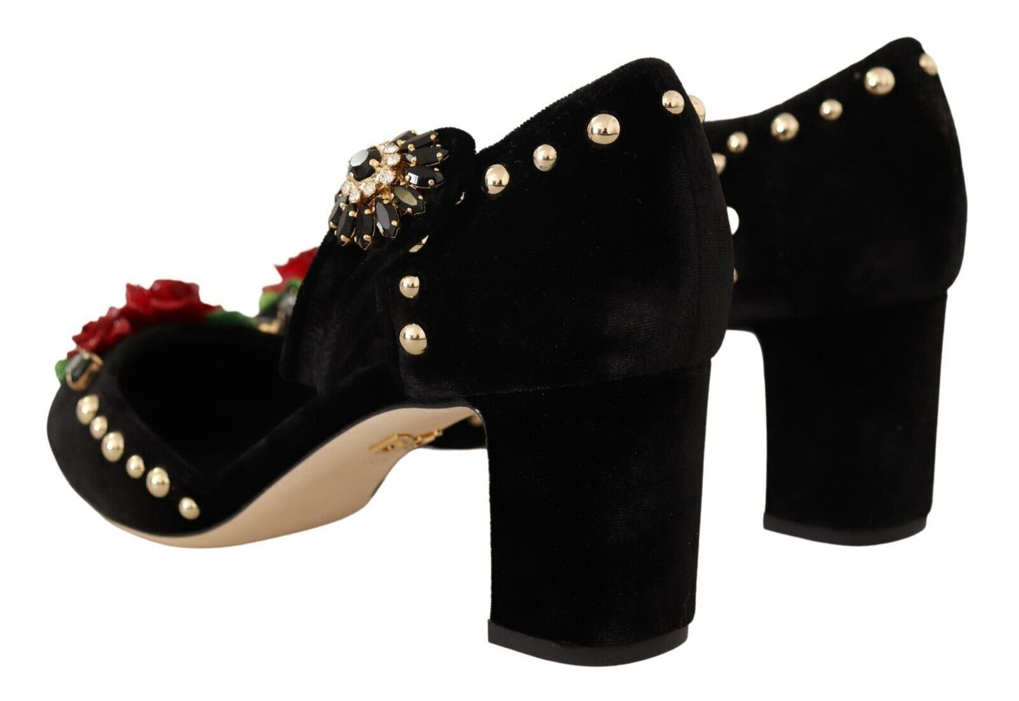 Dolce & Gabbana Black Velvet Roses Ankle Strap Pumps Shoes