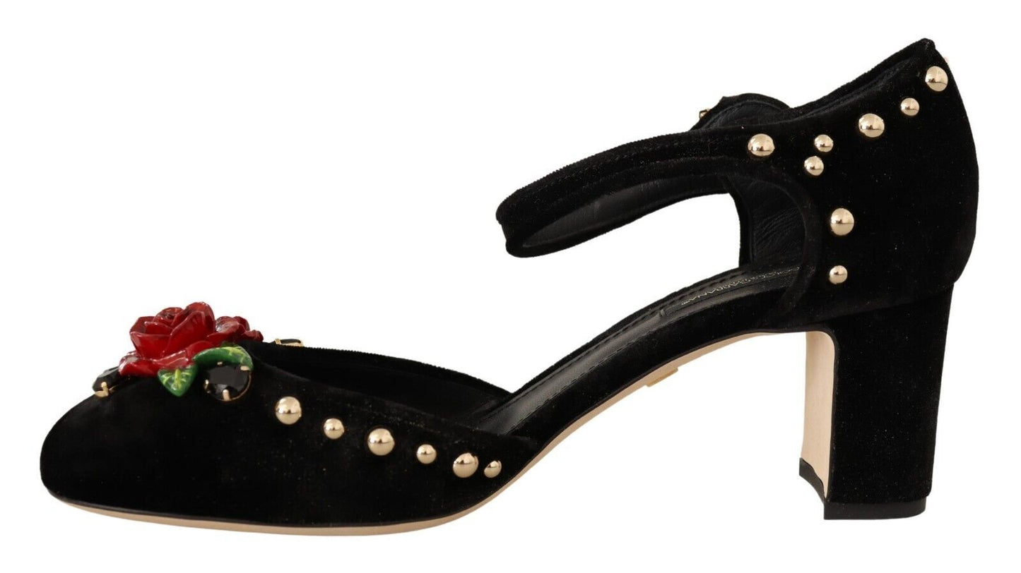 Dolce & Gabbana Black Velvet Roses Ankle Strap Pumps Shoes