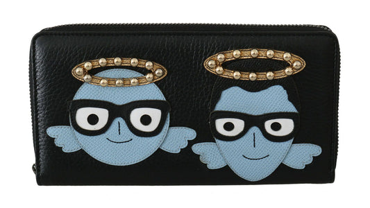 Dolce & Gabbana Black Blue Leather #DGFAMILY Zipper Continental Wallet