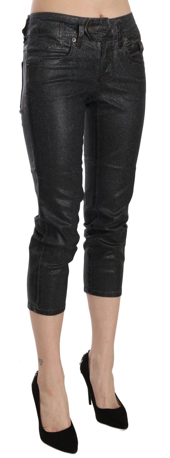 John Galliano Black Washed Mid Waist Slim Leg Cropped Denim Pants