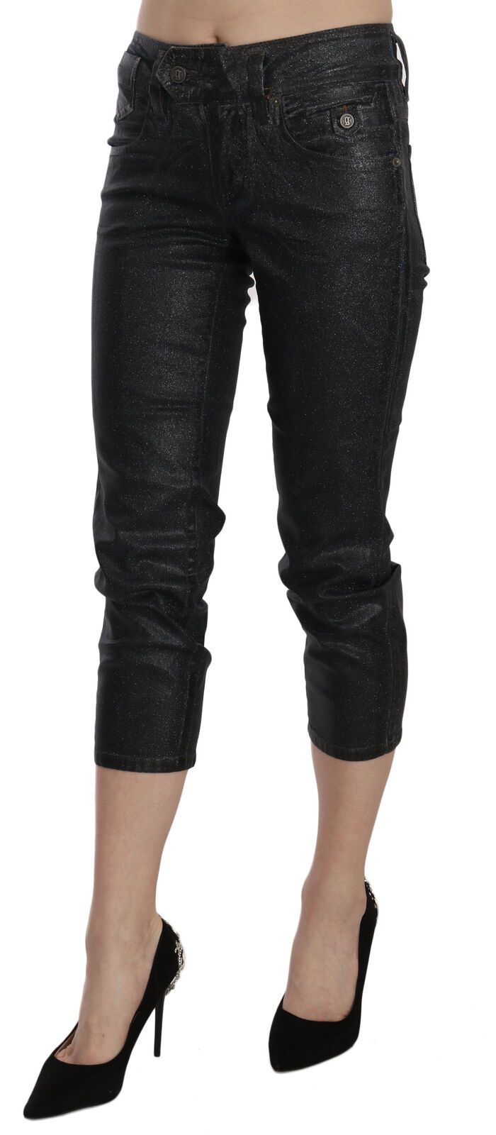 John Galliano Black Washed Mid Waist Slim Leg Cropped Denim Pants