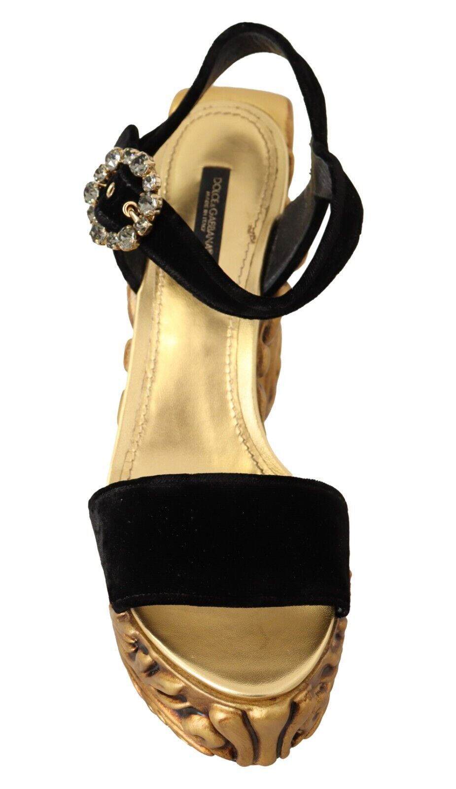 Dolce & Gabbana Black Gold Baroque Velvet Heels Crystal Shoes