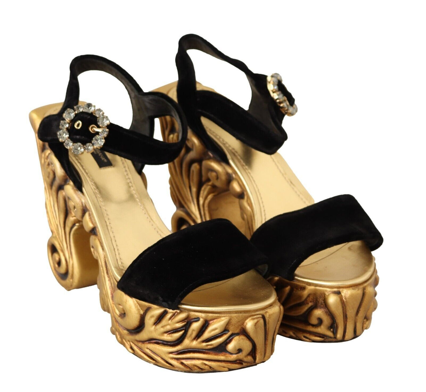 Dolce & Gabbana Black Gold Baroque Velvet Heels Crystal Shoes