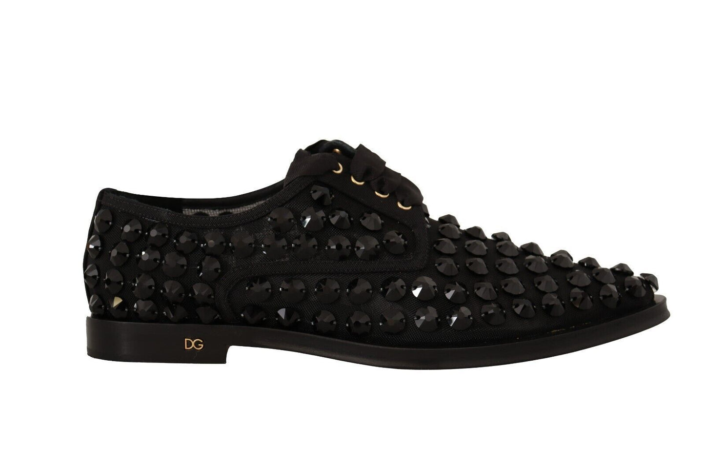 Dolce & Gabbana Black Lace Up Studded Formal Flats Shoes