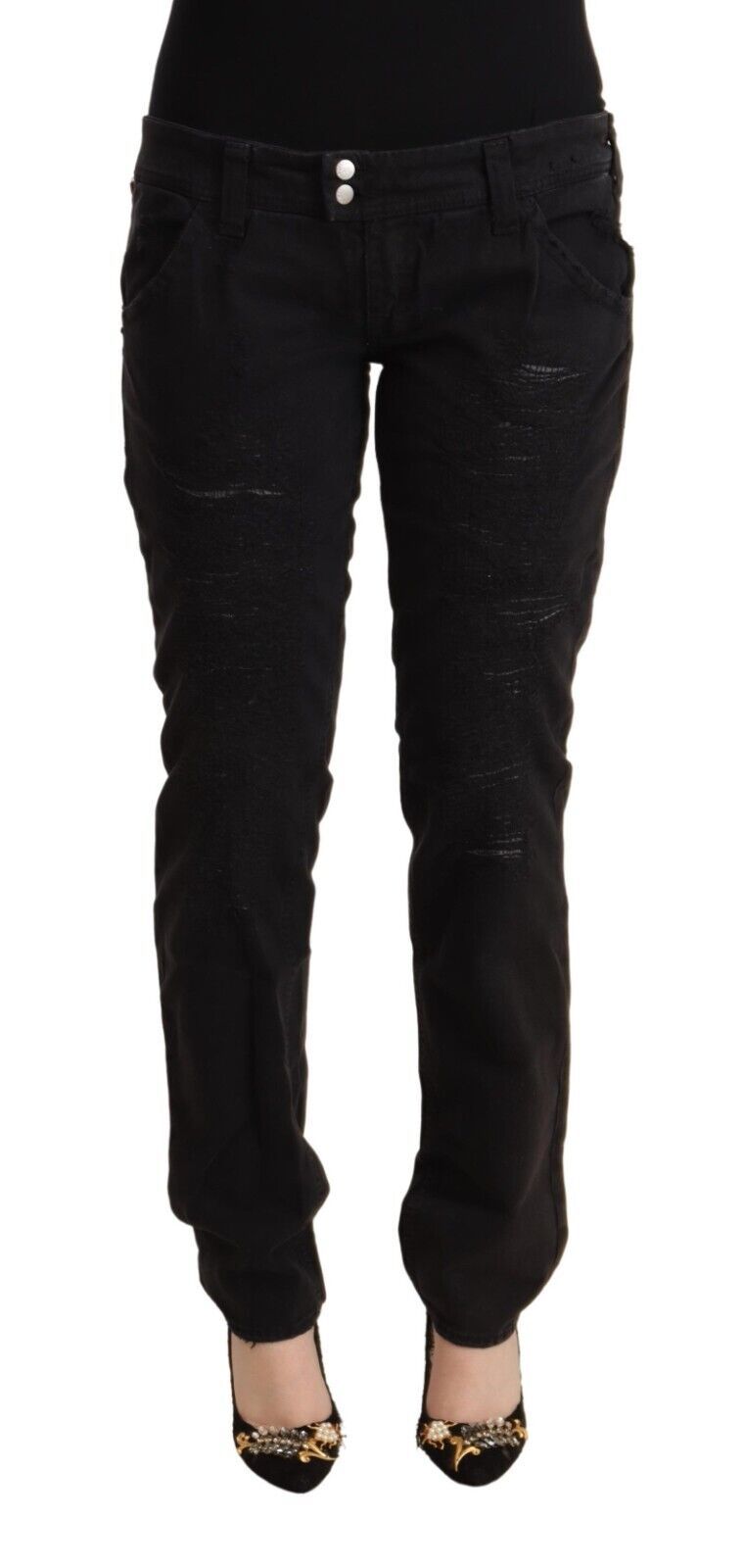 CYCLE Black Cotton Distressed Low Waist Slim Fit Denim Jeans