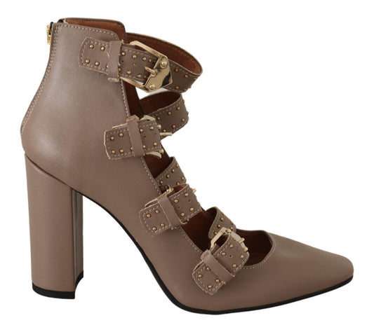 MY TWIN Brown Leather Block Heels Multi Buckle Pumps Shoes