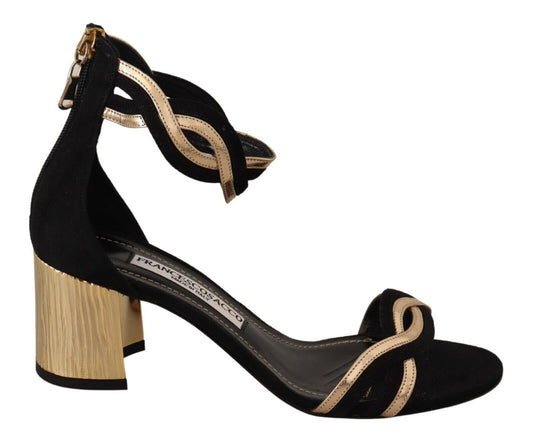 FRANCESCO SACCO Black Gold Leather Suede Ankle Strap Heels Shoes