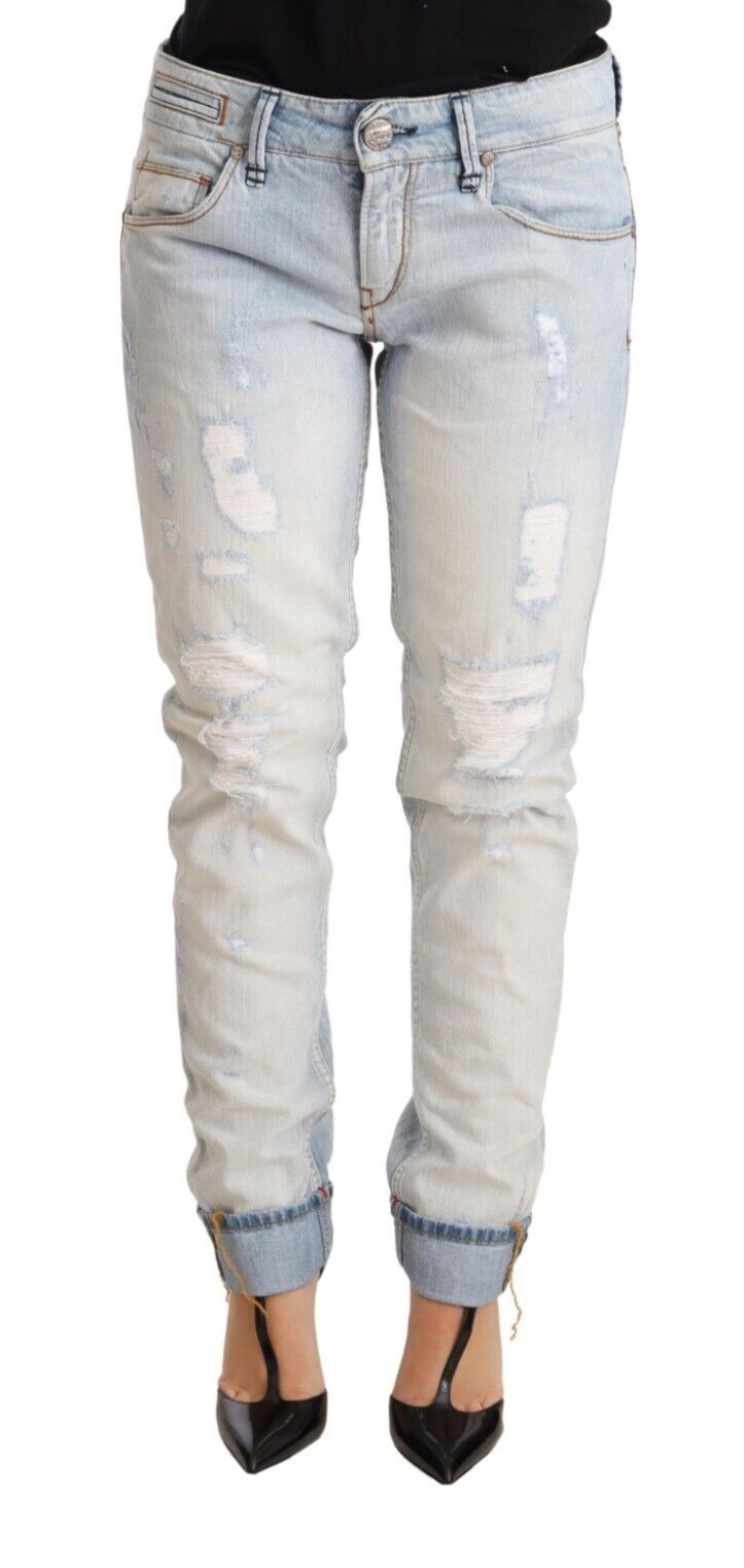 Acht Light Blue Distressed Cotton Folded Hem Denim Trouser Jeans