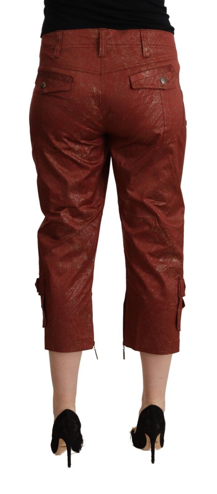 Just Cavalli Brown Lurex Mid Waist Cotton Cropped Capri Pants