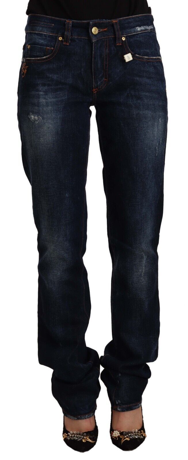 GF Ferre Dark Blue Washed Mid Waist Cotton Denim Straight Jeans