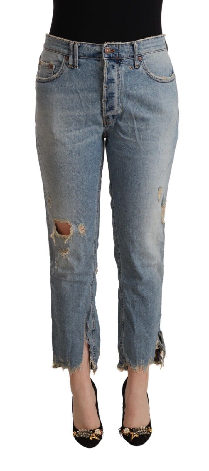 CYCLE Light Blue Distressed Mid Waist Cropped Denim Jeans