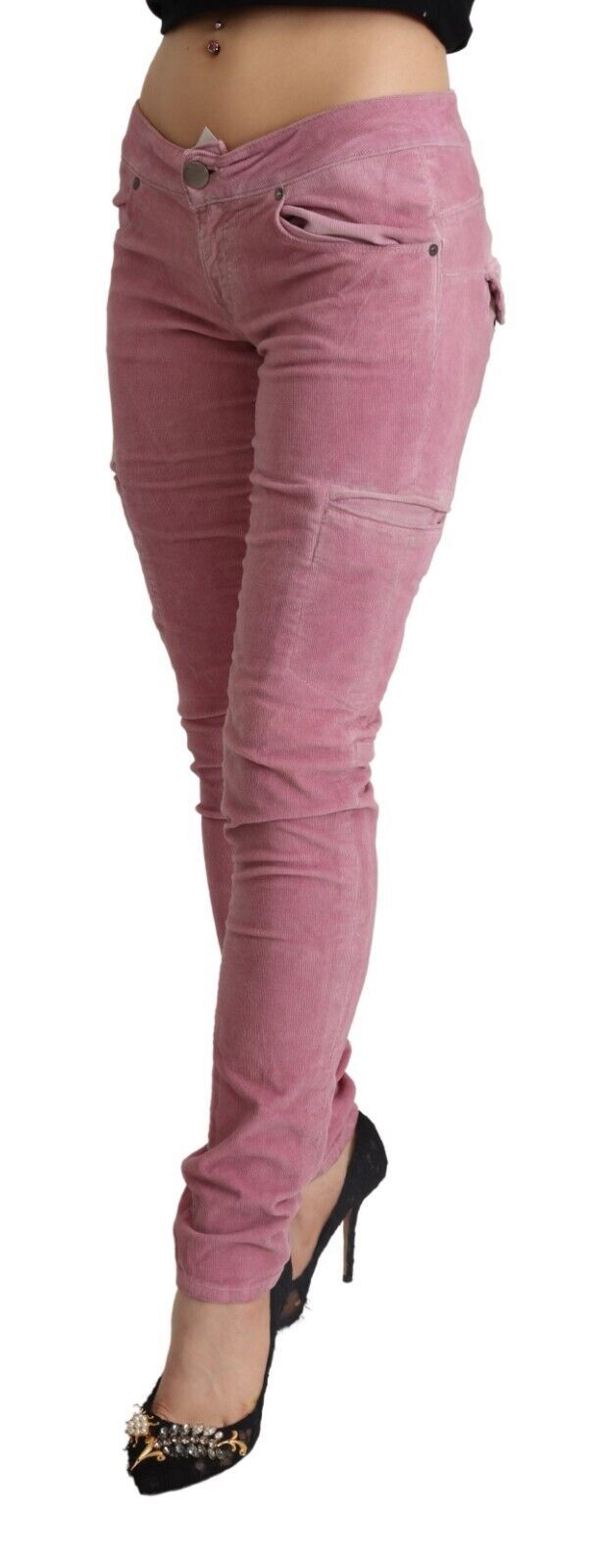 Acht Pink Cotton Low Waist Skinny Denim Cargo Jeans