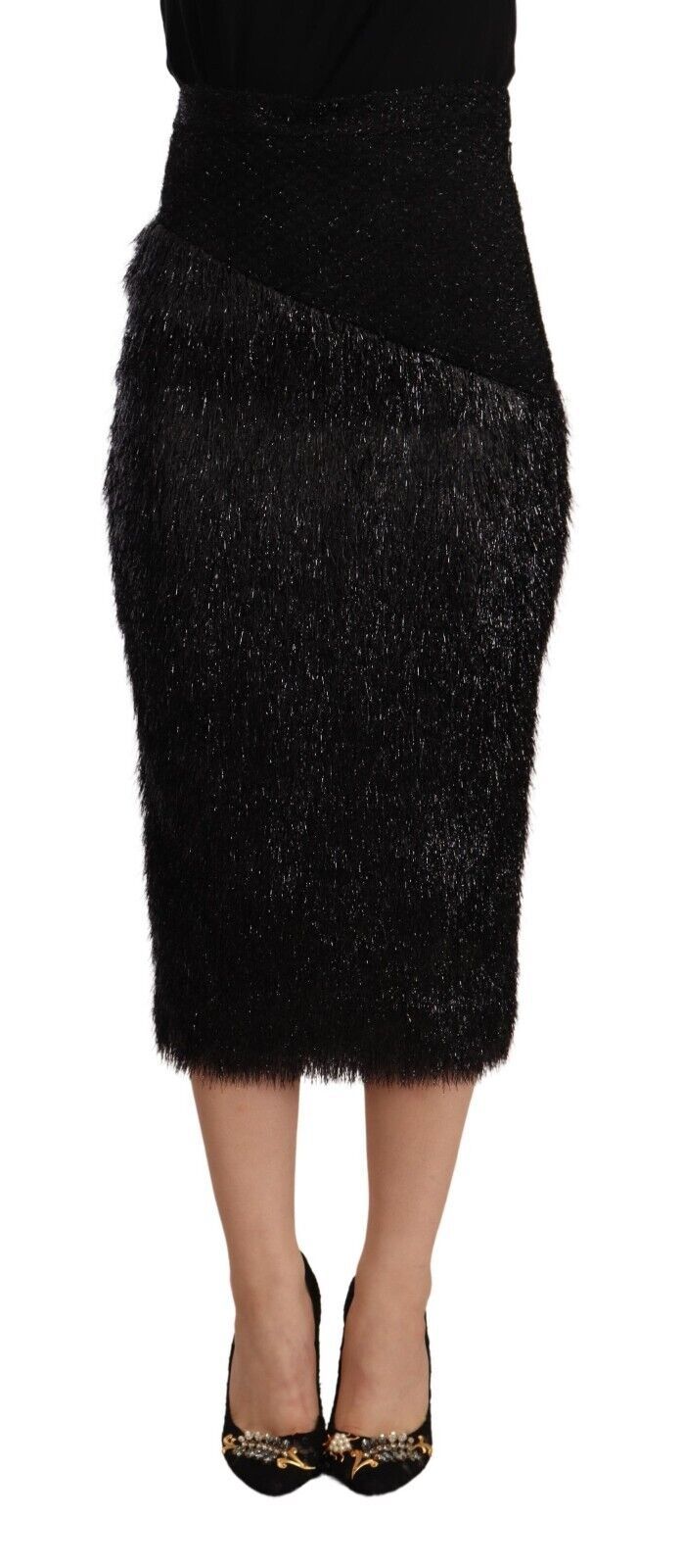 Masha Ma Black Tinsel High Waist Pencil Midi Viscose Skirt