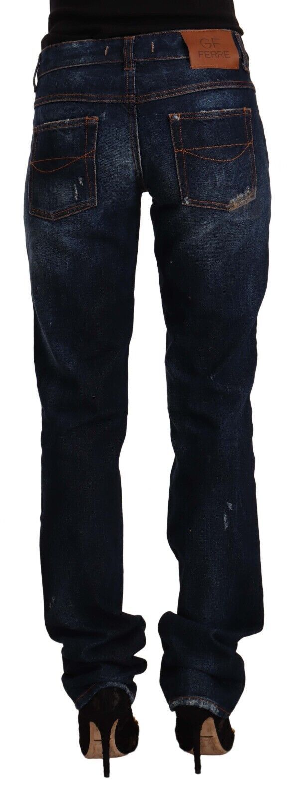 GF Ferre Dark Blue Washed Mid Waist Cotton Denim Straight Jeans