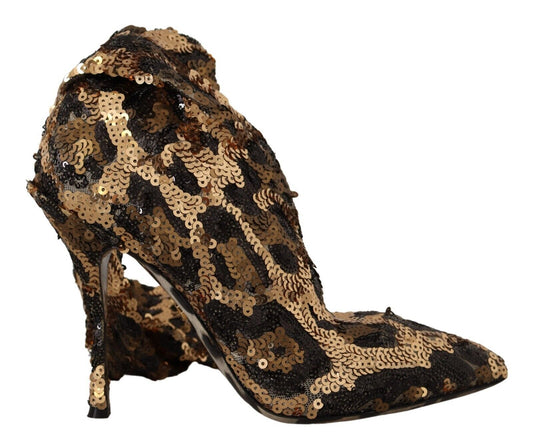 Dolce & Gabbana Gold Leopard Sequins Heels Boots Shoes