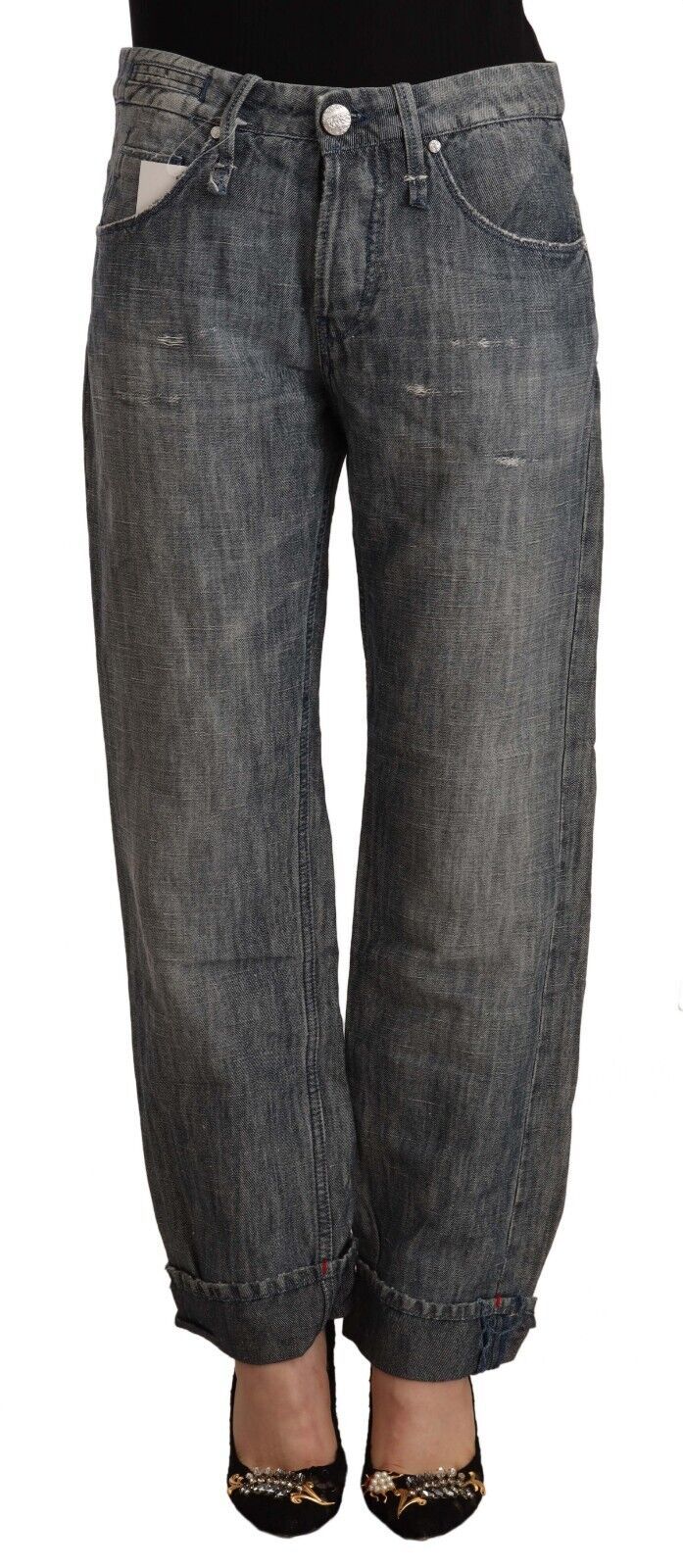 Acht Gray Washed Ramie Straight Denim Folded Hem Jeans