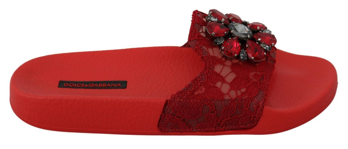 Dolce & Gabbana Red Lace Crystal Sandals Slides Beach Shoes