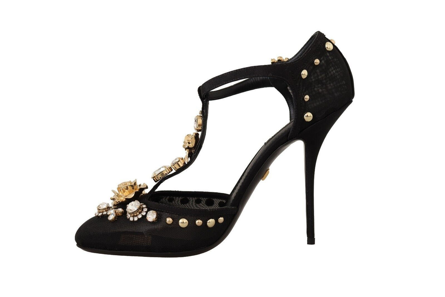 Dolce & Gabbana Black Mesh Crystals T-strap Heels Pumps Shoes