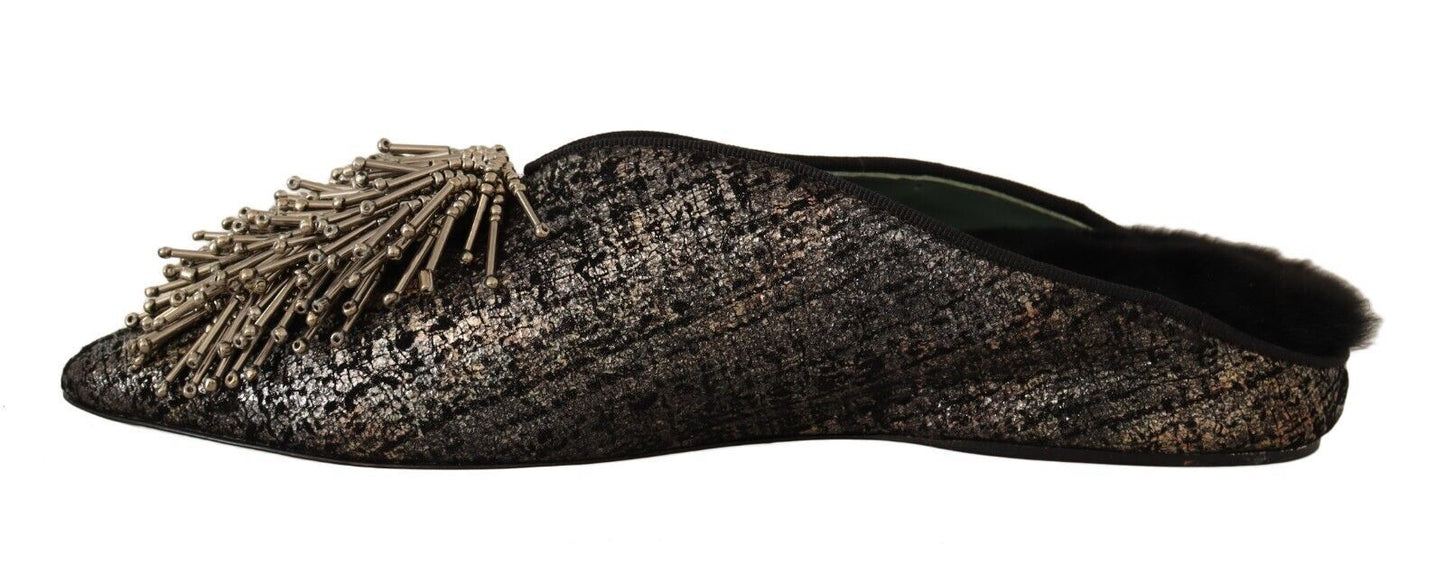 Paola D'Arcano Gold Jacquard Leather Embellished Slip On Shoes